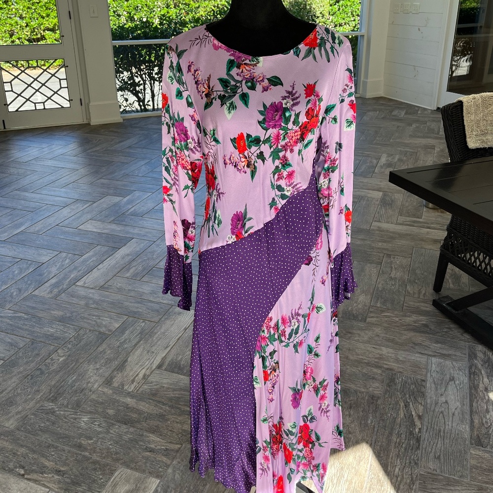 Ghost Carly Purple Floral Polka Dot Bell Sleeve Dip Hem Midi Dress, Size M